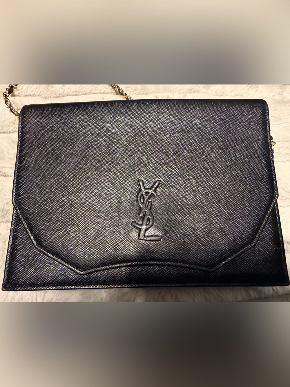 Yves Saint Laurent Vintage Black Leather Clutch W/ Added Chain Shoulder Bag